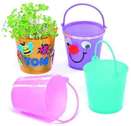Baker Ross EF662 Mini Plastic Buckets, Ideal for Children to Paint Decorate & Grow Seeds in, Perfect for Indoor or Outdoor Use (Pack of 6)