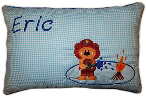 Momelie Blaues Schmusekissen * Kuschelkissen * Feuerwehrbär * mit Namen Bestickt * ca. 25 * 40 cm * SK-bl_0091