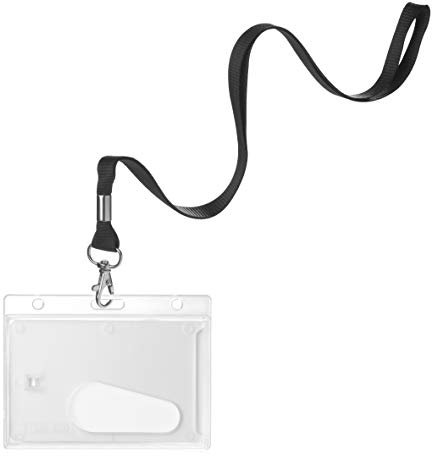 RSDM Systems Karteo Ausweishalter mit 5/8 Zoll Band-Umhängeband, schwarz geflochtenes Polyester mit Drehhaken aus Metall, Kunststoff, Polycarbonat, durchsichtiger Kunststoff, Maß mit Daumenschlaufe fü