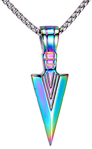 PAURO Herren Edelstahl Schmuck Spear Point Pfeilspitze Halskette Regenbogen mit Silber Kette