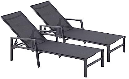 CONCEPT USINE - Lot de 2 Transats Ajustables avec accoudoirs | Bain de Soleil Chaise Longue Confortable | Bari Noir | Aluminium | Toile en PVC | Dossier Réglable 6 Positions | Jardin Terrasse Piscine