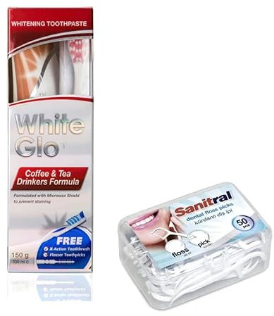 White Glo Premium Coffee & Tea Drinkers Formula Intense Extra Whitening Toothpaste & Toothbrush-100 ml ((with Sanitral 50 Pcs Dental Floss Stick Included as a Gift)