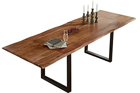 SAM Baumkantentisch 220 (320) x 100 cm Adina, Akazienholz nussbaumfarben & massiv, Esszimmertisch mit 2 Ansteckplatten, Mattschwarzes U-Metallgestell, Platte 26mm
