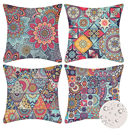 Velvhom 4er-Set Mandala Kissenbezug 40x40cm Wasserdicht Boho Leinen Kissenhülle Dekokissen Ethno Draussen Zierkissenbezüge für Schlafzimmer Sofa Auto Zuhause Dekor 16x16 Inch