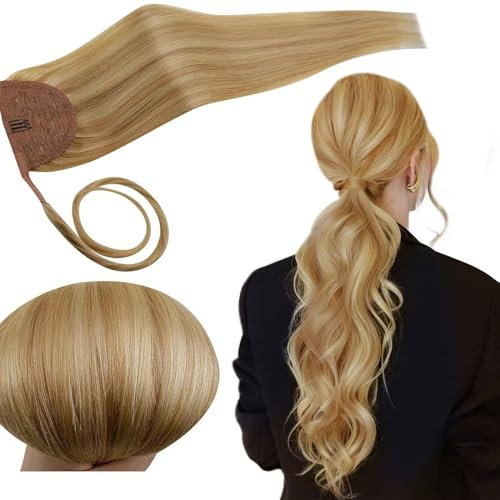 RUNATURE Echthaar Zopf Blond Highlight 30cm Echte Haare 70g Pferdeschwanz Haarteil Echthaar Goldblond Mit Hellblond Ponytail Extension Echthaar Gerade Haarextensions #16P24