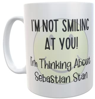 Decalarama Sebastian Stan Mug - I'm Not Smiling at You I'm Thinking About Sebastian Stan - Novelty Movie Fan Thirst Cup