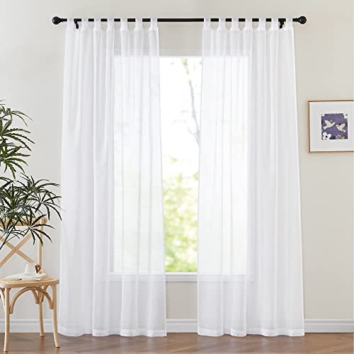 PONY DANCE Voile Gardinen Weiss Transparent Schlaufenschal 2er Set Schlafzimmer Vorhänge Leinenoptik Dekoration White Curtains for Living Room