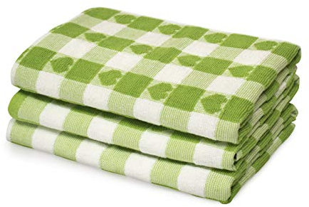 La Maison Pack of 3 Hearts Check Woven Tea Towel Large Super Absorbent 100% Cotton Kitchen Towels (Lime)