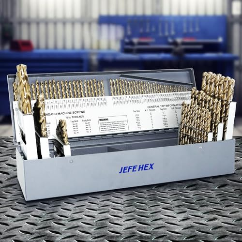 JEFE HEX HSS-Bohrer-Set, 115-teilig, Spiralbohrer-Set, 135-Grad-Splitspitze, fraktioniert 1/16-1/2 Zoll, Buchstabe A - Z, Draht #1 - #60 mit Metall-Aufbewahrungskoffer