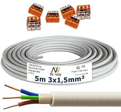 NYM-J 3x1,5 mm² 5m Mantelleitung Installationskabel mit 6 Stück WAGO Klemmen M121