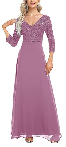ORANDESIGNE Robe de Soirée en Double V-Col et Manches Courtes Robe de Soirée pour Mariage Demoiselle d'honneur Manches Courtes Taille Empire A-Line Tulle Longue Femme D Rose Clair L