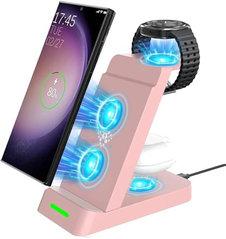 SPGUARD Induktive Ladestation Kompatibel mit Samsung Galaxy Watch 8/7/FE/Ultra/6 Classic,3 in 1 Ladegerät Wireless Charger für Galaxy Z Fold7/Z Flip7/FE/S25 Edge/S25/S25 Ultra/S25+/S24/Buds3(Rosa)
