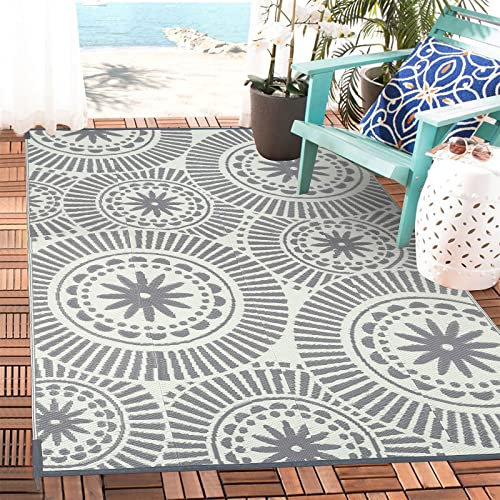 Ileading Reversible Plastic Outdoor Rug Modern Geometric Style Patio Straw Mat Waterproof Deck Carpets Non Shedding Portable Area Rugs for RV Beach Backyard Outside Pool Picnic Camping (5'x8'Grey)