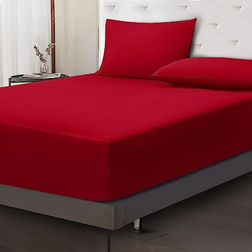 Moonlight Bedding Fitted Sheet 40 Cm Extra Deep Pocket Bed Sheets 16 inch Ultra Soft Bottom Sheet Brushed Microfiber Breathable Shrinkage and Fade Resistant (Red, Single)
