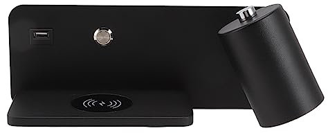 Applique Murale, 330° Plus 150° Réglable USB Lampe Murale de Charge Sans Fil Applique Murale LED Simple et élégante avec une Tablette Plate de Charge pour Chambre, Bureau, Chevet (Noir Droit)