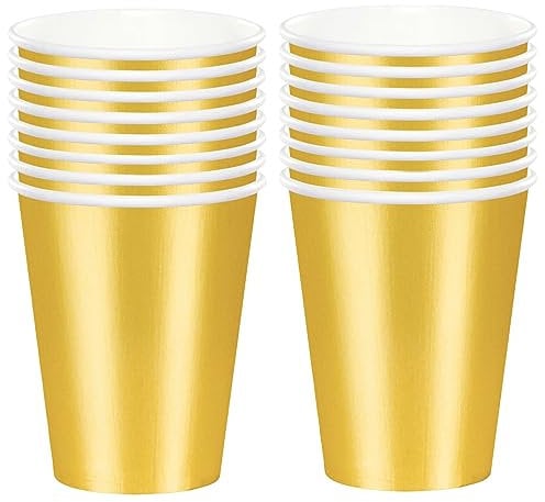 POPOYU 250ml Gold Papier Partybecher,16 Stück Gold Pappbecher,Trinkbecher Hochzeit Einwegbecher Disposable Cups für Hochzeit,Kinder DIY,Partybedarf,Tee,Heißen und Kalten Getränken Einwegkaffee Becher