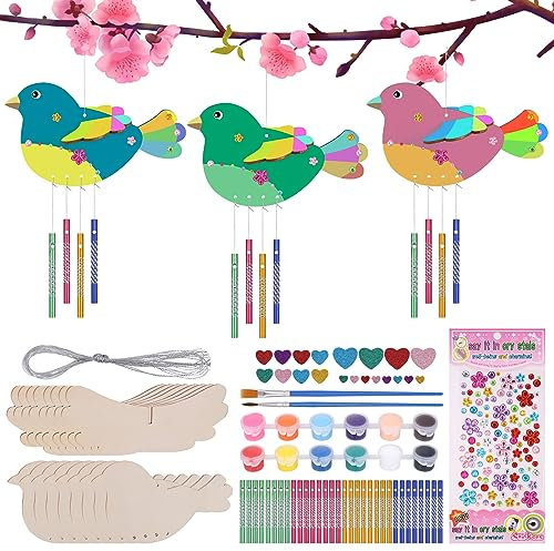 Zocipro 8 Pezzi Campana a Vento in Legno per Uccelli, Campanelli Eolici Fai da Te per Bambini, Creativi Campanelli a Vento Kit Pittura Bambini, Campanelli Eolici per Esterno Decorare