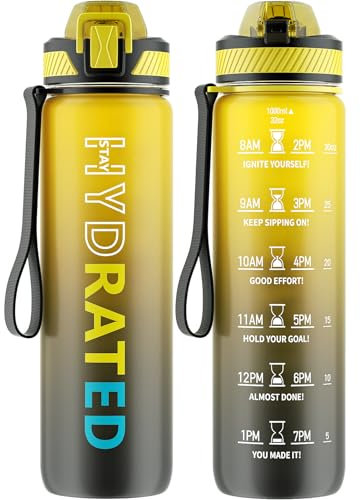 QLUR Trinkflasche, 1L BPA-Frei Tritan Wasserflasche mit Strohhalm, Trinkflasche Sport Auslaufsicher mit Zeitmarkierung und Bürste, Sportflasche für Fitness, Schule, Yoga, Gold Grau (1 Flasche)