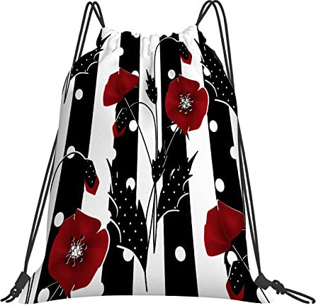 DELURA Rucksack mit Kordelzug,Mohnblumenmuster Rote Mohnblumen auf schwarz-weiß gestreiftem modernem Gartenalbum,Kordelzug-Sackpack für Sport, Yoga, Reisen, Cinch-Tasche mit Reißverschlusstasche