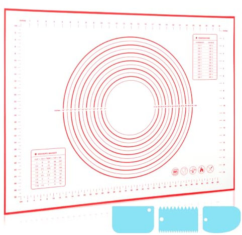 LXUDN Tapis de Cuisson Silicone 60 * 40cm, Antiadhésif, Tapis Silicone Patisserie Avec Marques de Mesure, Plaque Silicone Patisserie Avec Fond Antidérapant(Rouge+3pcs Grattoir)