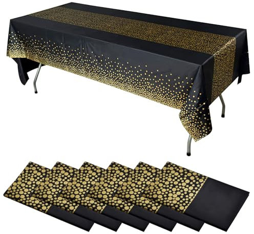 DAWRIS 6 Stück Schwarz Gold Party Tischdecke Bierbank Tischdecke Einweg Rechteck Gold Dot Wasserdicht Confetti Tischdecke für Geburtstag Hochzeit Jahrestag Weihnachten Abschlussfeier Cocktail Party