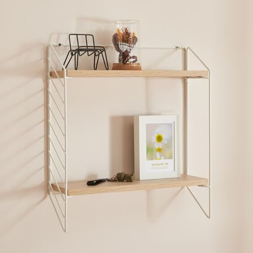 [en.casa] Wandregal Bømlo Wohnzimmerregal mit 2 Ablagen Schweberegal Metallrahmen Hängeregal Wandablage 47,5 x 42 x 14 cm Weiß Eiche-Optik