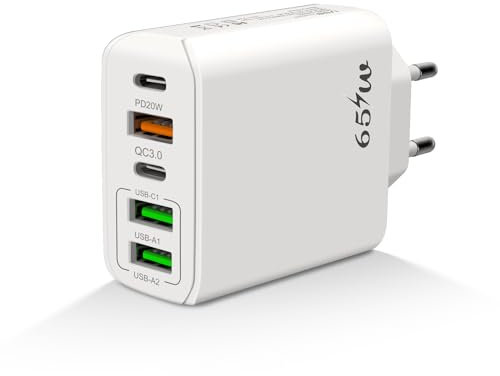 VIPMOON Cargador USB C 65W, 5-Port Cargador USB y USB C Cargador Multiple Smartphone Rápido para iPhone 15, 14, 13, 12, Samsung Galaxy S22+ S21, iPad Mini 2, 3, 5, 6 Pixel 6, 5 4A