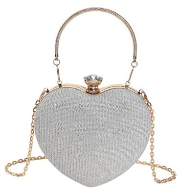 RPAEOY Damen Clutch Glitzer Herz Abendtasche EleganteBrauttasche Handtasche Umhäng Tasche Crossbody Kettentasche für Abschlussball Hochzeit Party Silber