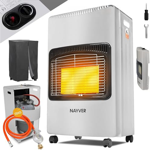 NAYVER® 4200 Watt Heizstrahler - Gasofen/Keramik Gasheizer inkl. Gasdruckregler Gasschlauch/Infrarot Keramikbrenner/Gasheizer Butan- oder Propangasflaschen bis 15kg (Schwarz) (Weiß)