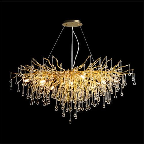 Leomix Moderne Kristall-Kronleuchter, L80 Cm Goldener Ast-Regentropfen-Kronleuchter, Rechteckige Esszimmerleuchte, Hängende Pendelleuchten Für Kücheninsel, Eingangsbereich, Wohnzimmer, Schlafzimmer