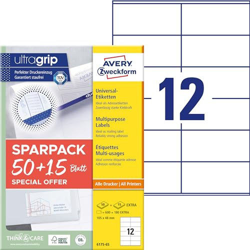 AVERY Zweckform 6175-65 Adressaufkleber (600 plus 180 Klebeetiketten extra, 105x48mm auf A4, Papier matt, bedruckbare Absenderetiketten, selbstklebende Adressetiketten mit ultragrip) 65 Blatt, weiß