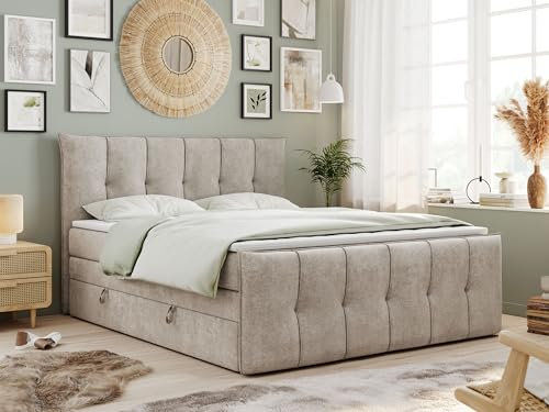 MKS MEBLE King Boxspringbett 140x200, Boxspringbett 140x200 mit Bettkasten und Matratze H3, Polsterbett 140x200 mit Matratze, Bett 140x200 mit Bettkasten - PREMIUM-11-KING- Beige Struktur - H3