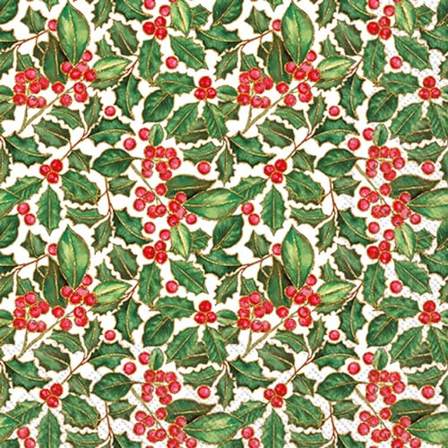 IHR Ideal Home Range Party Napkins Disposable 3-Ply Paper Lunch Napkin Pack, 6.5 x 6.5, Holly, 20-Count