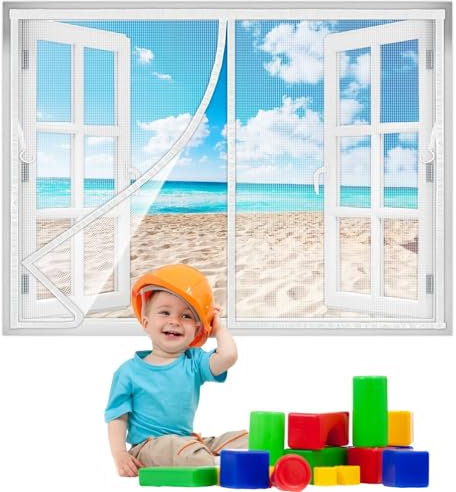 Faltbarer Fliegengitter für Fensteren 80x125 cm, Automatisches Schließen Insektenschutz Magnetischer Fliegenvorhang für BalkonFenster Wohnzimmer KellerFenster Weiß Neuste-Version