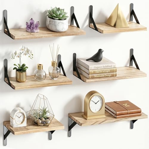 Amada Wandregal, 6-teiliges Set aus massivem Paulownia-Holz, Naturfarbe | Regal-Wand aus Holz mit Metallhalterungen, 2 Montagearten, flexible 6er-Anordnung zur Wanddekoration für Bad und Schlafzimmer