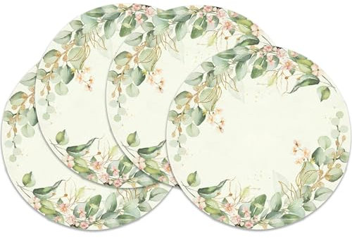Eukalyptus Sommer Platzsets 4er Set rund Platzsets Ø 37 cm, Gold Blätter Blume Tischsets Waschbar Platzdeckchen für Küche, Restaurant, Bauernhaus, Urlaub, Party Dekor