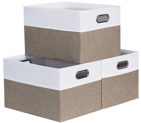 BinWhiz 3 Pack Clothing Storage Bins, Rectangle Large Storage Baskets with Metal Handle, Collapsible Storage Organiser Bins, Fabric Storage Bins for Shelf, Closet, Office 38x28x24 cm (White & Khakki)