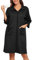 Lovasy Bademantel Waffelpique Damen mit Reissverschluss 3/4 Ärmel Waffelstrick Leichter Morgenmantel Knielang mit Taschen,Schwarz,M