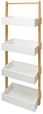 BESCH Estantería para Baño con 4 Cestas de Bambú y Madera 32.5x16x88cm - Estante Auxiliar Amacenamiento para Lavabo, Cocina de Color Blanco y Natural
