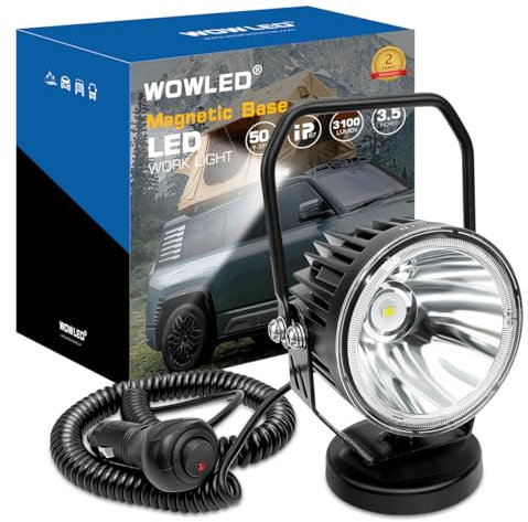 WOWLED Magnetic LED Work Light 12V, 50W 3.5 Inch Round Spotlight LED Pod Light with Magnetic Base Mount, Portable LED Light for Camping Car SUV Boat Truck Driving Fog Lamp Cigarette Lighter Lights