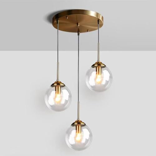 Wylolik Suspension à disque à 3 boules avec abat-jour en verre transparent lustre réglable en hauteur de suspension décoratif éclairage nordique simple d'intérieur pour balcon d'îlot de cuisine