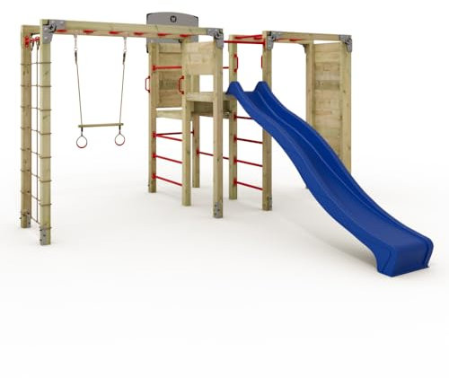 Wickey Klettergerüst mit Hangelleiter FIT Cross 1085 - Kletterturm mit Rutsche, Kletternetz, Basketballkorb und Kletterwand - 438x431x268 cm