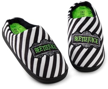 Vanilla Underground Beetlejuice Unisex Black Mule Slippers | Iconic Logo Design House Shoes | Comfy Slip-On Footwear | Classic Tim Burton Movie Merchandise | Halloween Costume Cosplay Accessories