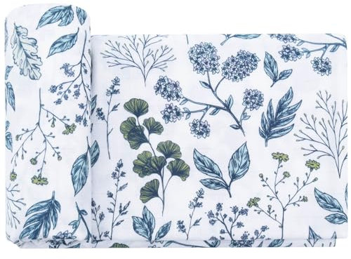 LifeTree Baby Swaddling Cloth Muslin Cloth 120 x 120 cm Muslin Swaddle Blanket Baby Bamboo Cotton Swaddle Wrap for Boys and Girls, Blue and White Porcelain