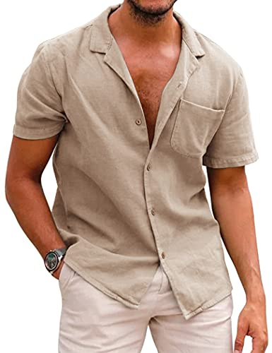 COOFANDY Men's Linen Shirts Short Sleeve Summer Shirt Holiday Button Down Beach Casual Smart Tops Khaki XXXL