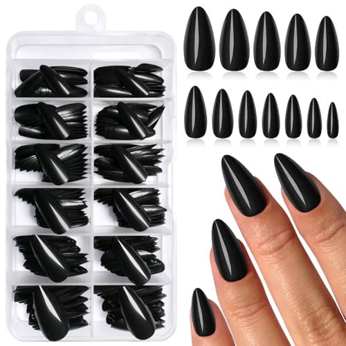 GlamRays 240 Stück Schwarze Mandel Press On Nails Lange Falsche Nails Press ons, Falsche Akryl Nails Press on Nails Mandel Klebe auf Nails Künstliche Nagel Spitzen