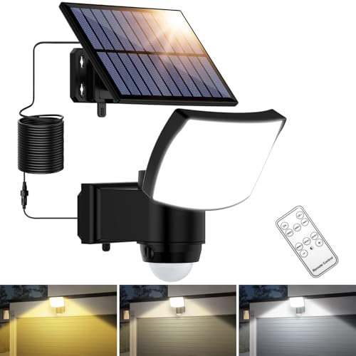 Solarlampen für Außen mit Fernbedienung, Led Solar Strahler mit Bewegungsmelder, 3000/5000/7000K, Solar Außenstrahler mit 3 Leuchtmodi, IP65 Wasserdicht Solarleuchte für Garage, Hof, Haustür, Garten