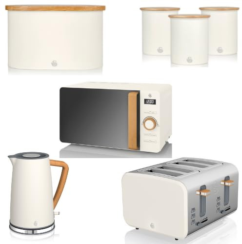 Swan Nordic White 1.7L Jug Kettle, 4 Slice Toaster, 800W 20L Microwave, Bread Bin & Canisters Set. Scandinavian Inspired Design Matching Kitchen Set of 7 in Cotton White