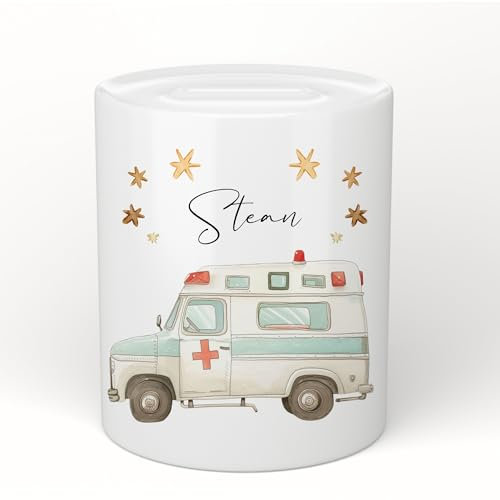 Manufaktur Liebevoll Spardose mit Namen Personalisierte Spardose Kinder Geschenk Baby Mädchen Junge Sparschwein Rettungswagen Krankenwagen Fahrzeug