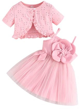LUVCES Vestito Bambina tutù e Cardigan 2 Pezzi Set Floreale Senza Maniche con Papillon Tulle Abito Vestiti + Cardigan Abbigliamento Estivo per Festa di Compleanno Manica Corta Rosa 12-18 Mesi